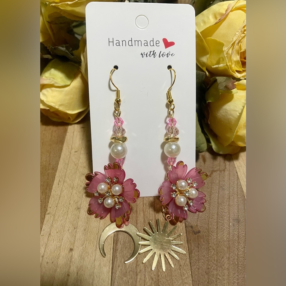 Handmade Pink Floral Earrings with Gold Accents